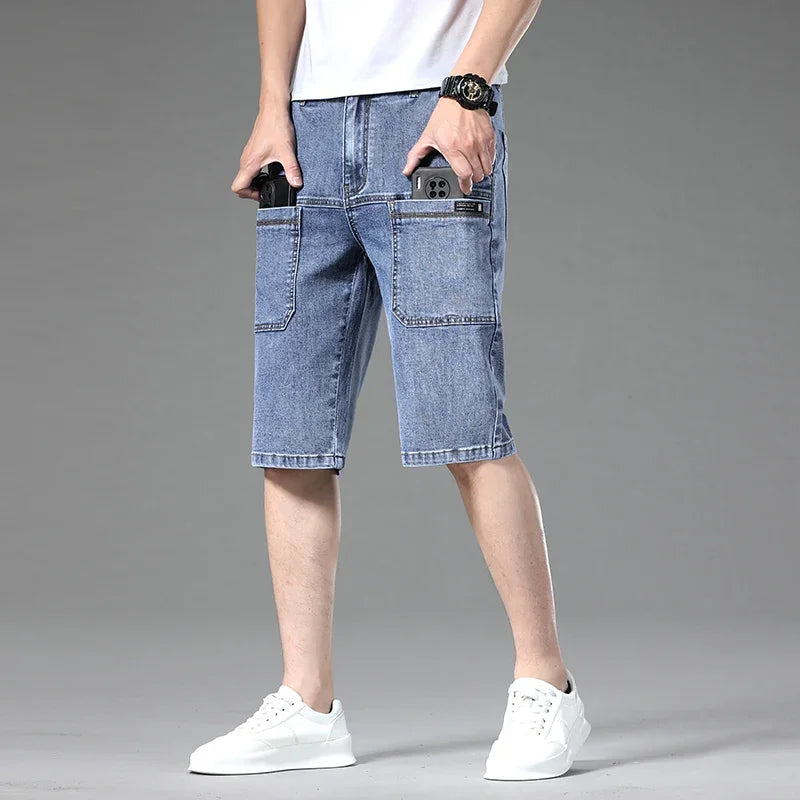 Multi-pocket Thin Denim Shorts Men Fashion Slim Straight Stretch Bermuda Jeans Casual Short Pants Male Brand Clothing