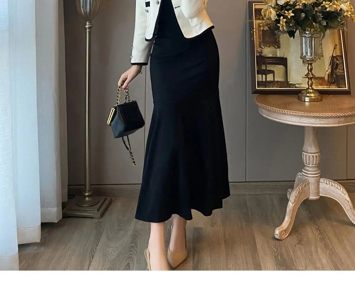 2024 Autumn New Women's Clothing Matching Sets French Graceful Slim Coat Black Mermaid Dress Suit Lady Jacket Dresses Outfits