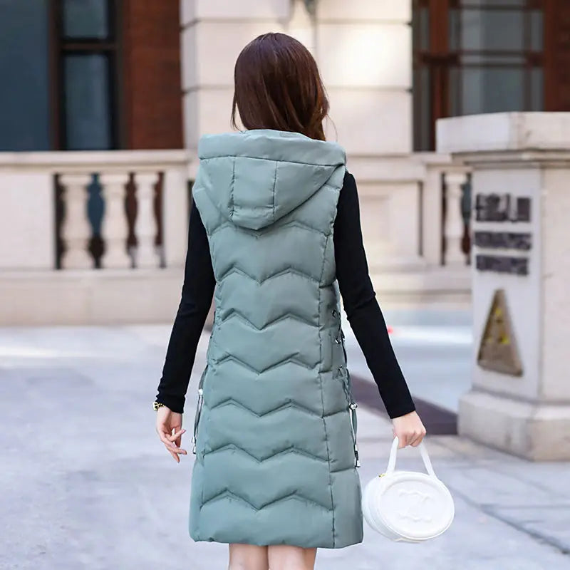 2024 New Winter Hooded Waistcoat Women Long Slim Down Cotton Vests Coat Female Sleeveless Puffer Parkas Black Beige Outerwear