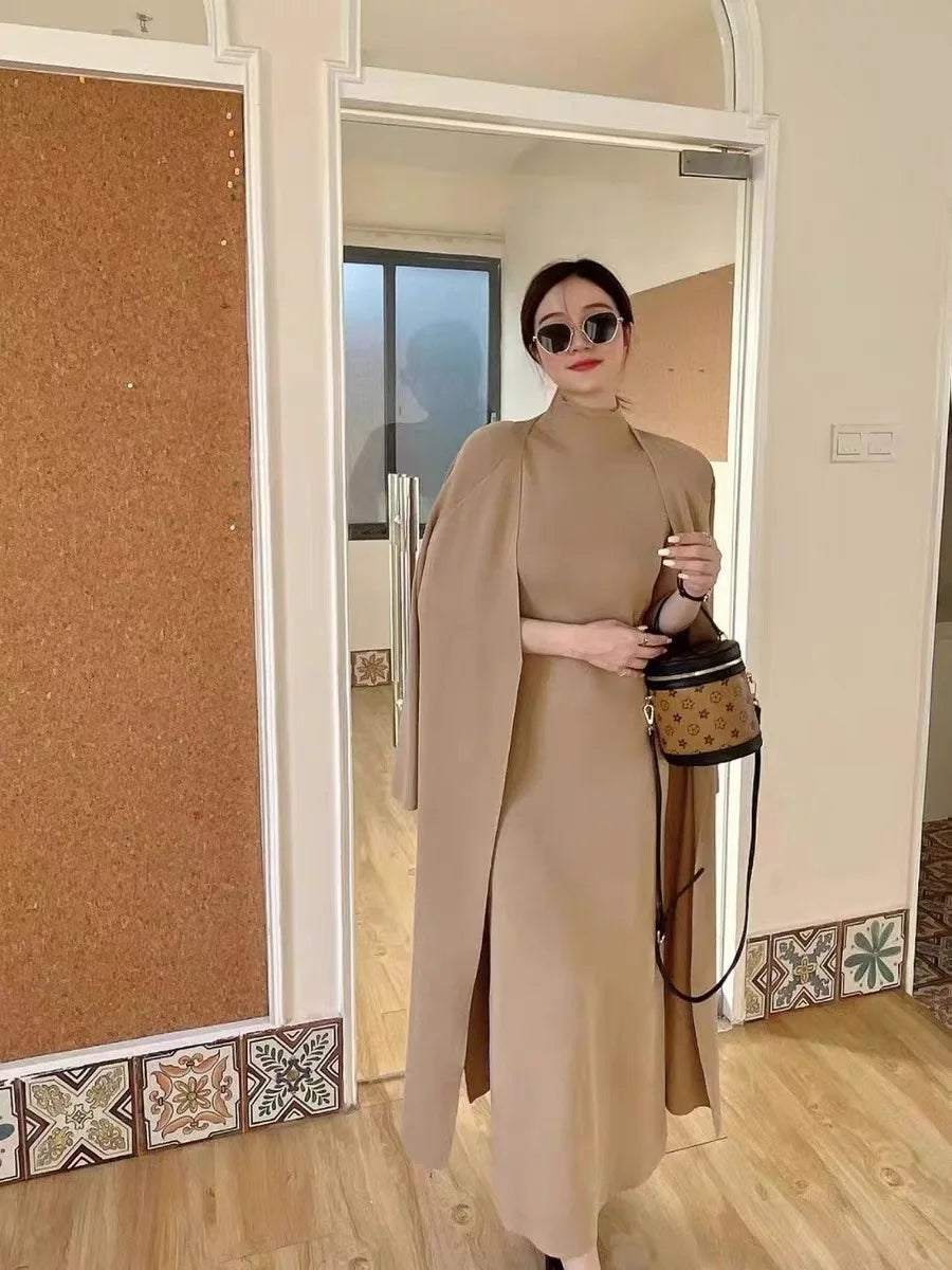 New Vintage 2 Piece Sets Women Outfit Autumn Winter Knit Long Sleeve Long Cardigan Coat + Half High Collar Camisole Dress Suit