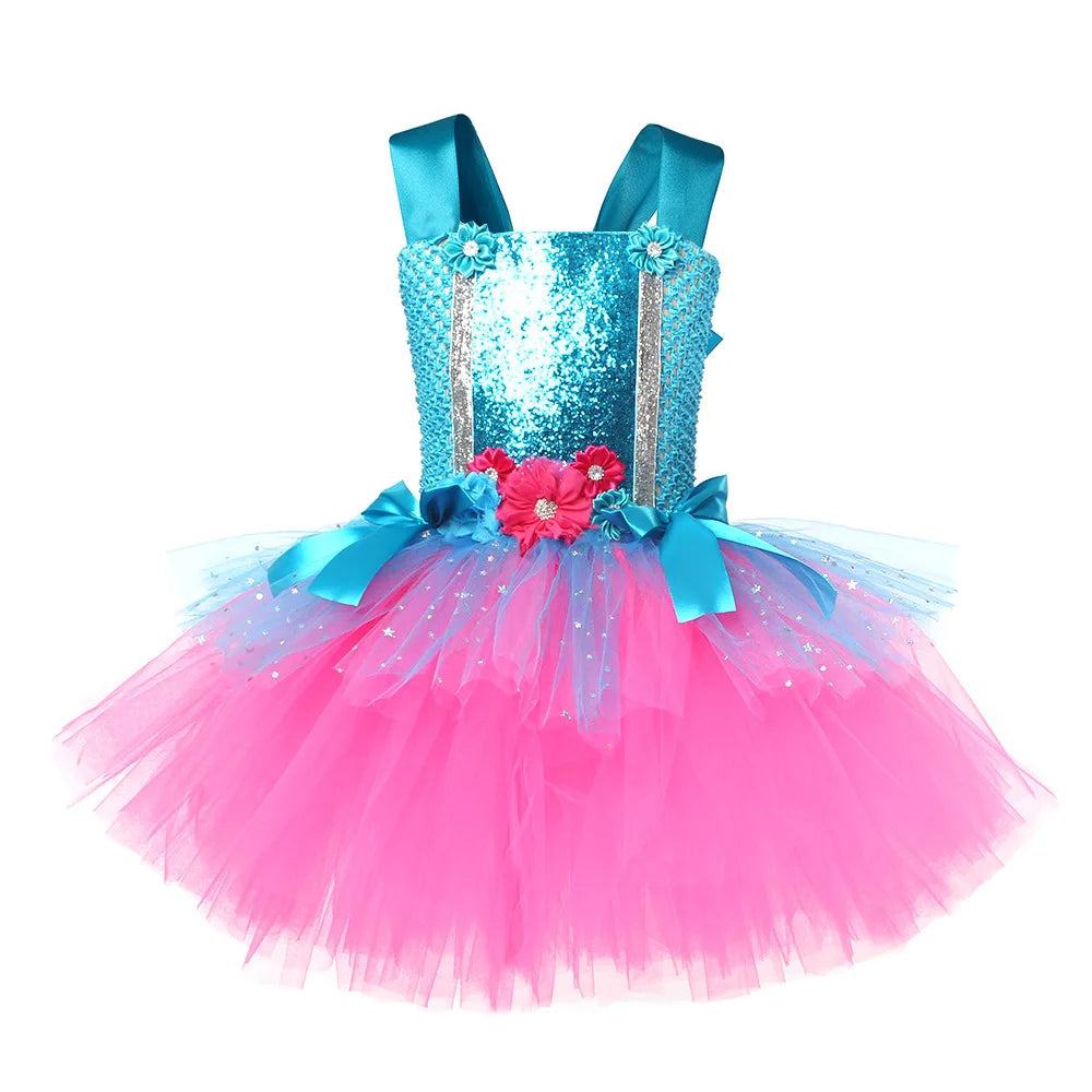 Trolls Tutu  Dresses Girls Princess Poppy Birthday Costumes Kids Magic Elves Halloween Dress Girl Fairy Flower Outfits Cosplay