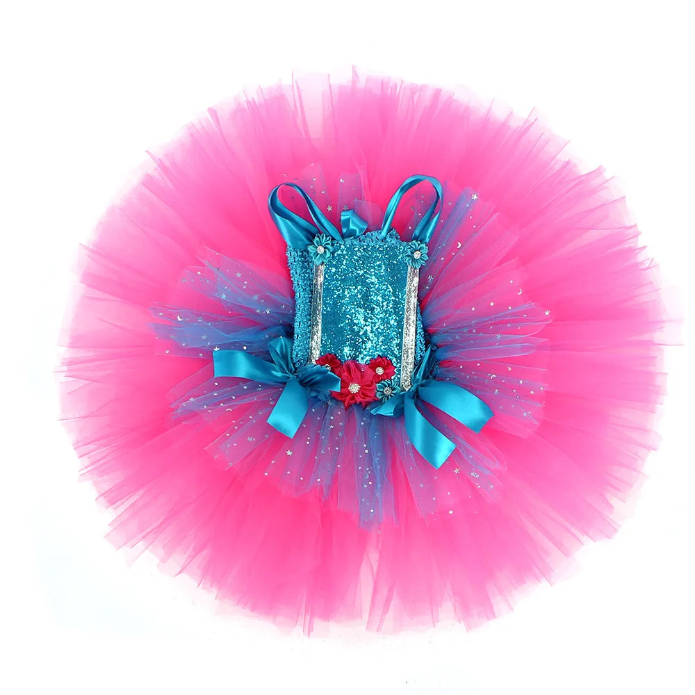 Trolls Tutu  Dresses Girls Princess Poppy Birthday Costumes Kids Magic Elves Halloween Dress Girl Fairy Flower Outfits Cosplay