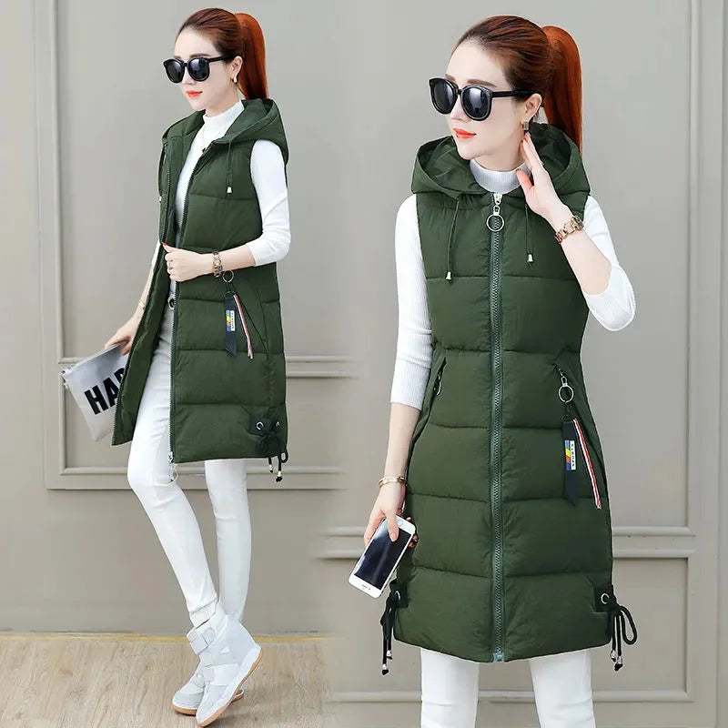 2023 Women's  Autumn Winter Vest Long Parkas Tank Top Warm Hooded Down Coat Parka Sleeveless Female Tank Top Jacket Outerwear