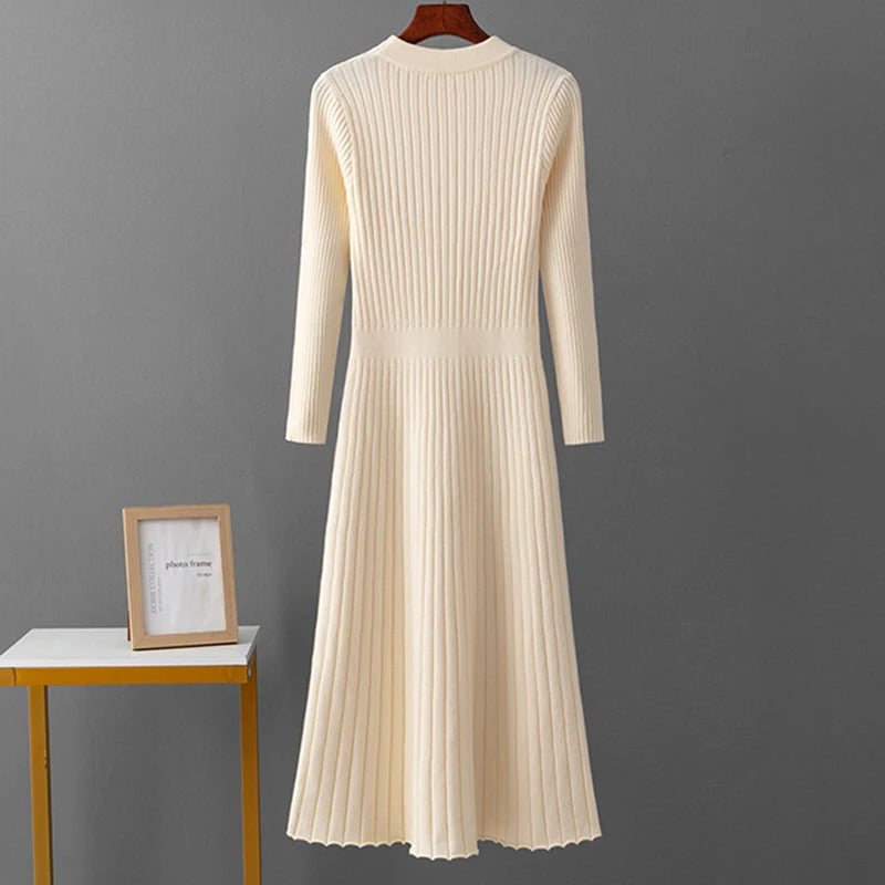 Long Sleeve Party Midi Dress for Women Knitted O Neck Elegant Knitted Sweater Dresses Ladies Slim Waist A-line Knitted Dress