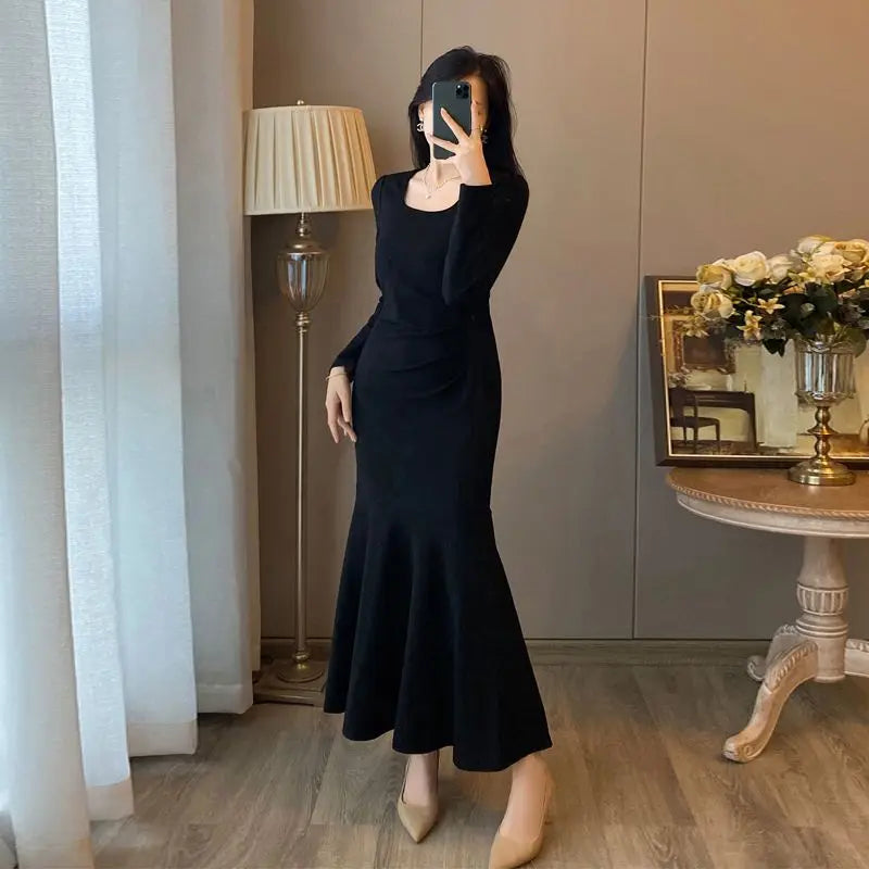 2024 Autumn New Women's Clothing Matching Sets French Graceful Slim Coat Black Mermaid Dress Suit Lady Jacket Dresses Outfits