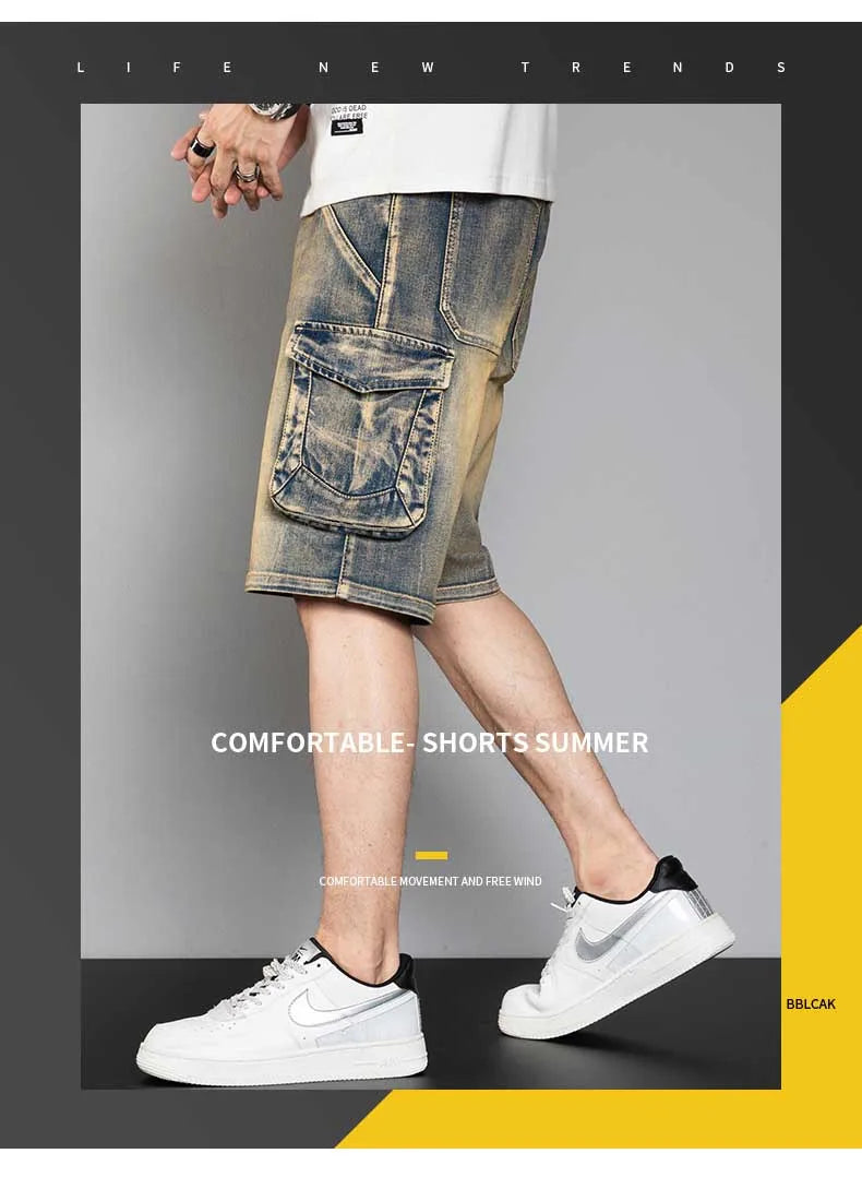 Classic Version Retro Pocket Jeans Shorts Men Casual Loose Baggy Cargo Shorts Streetwear Plus Size Harem Clothing