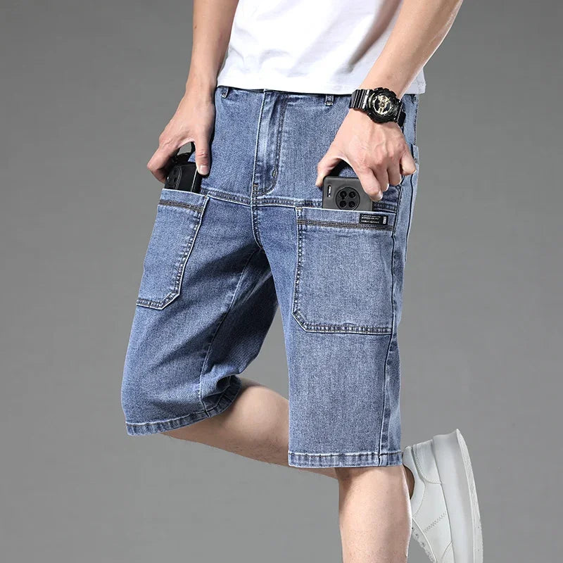 Multi-pocket Thin Denim Shorts Men Fashion Slim Straight Stretch Bermuda Jeans Casual Short Pants Male Brand Clothing