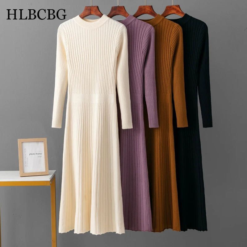 Long Sleeve Party Midi Dress for Women Knitted O Neck Elegant Knitted Sweater Dresses Ladies Slim Waist A-line Knitted Dress