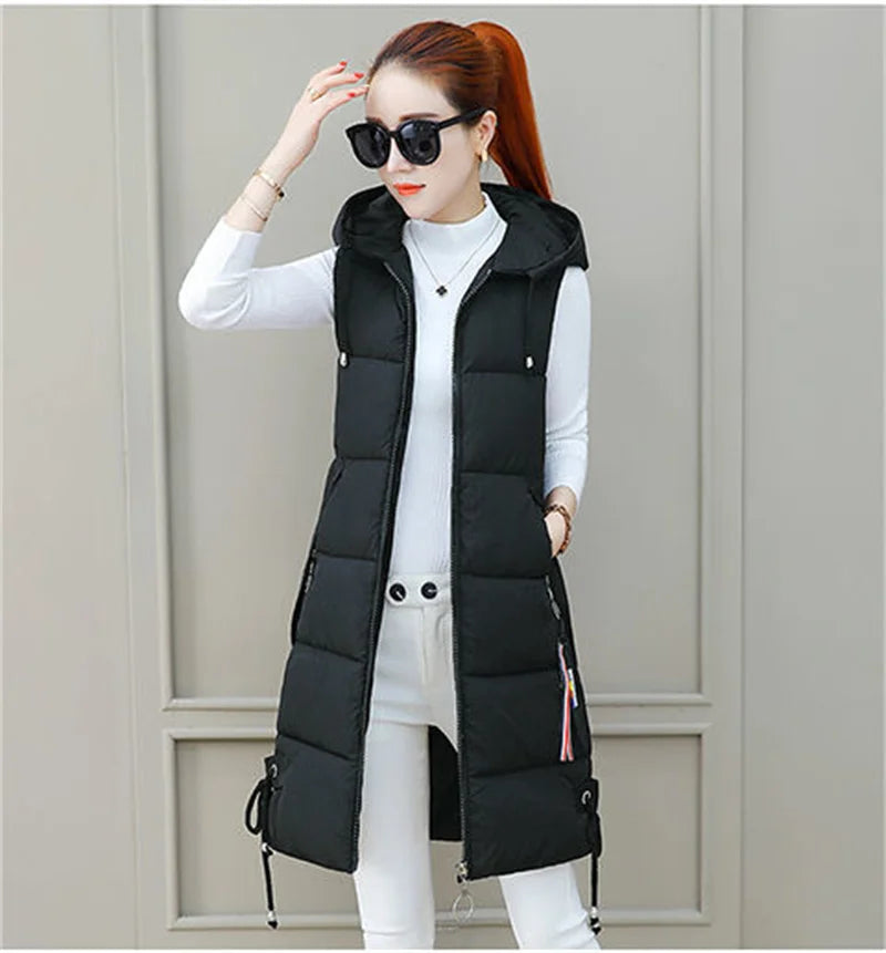 2023 New Autumn Winter Women Long Parkas Vest Warm Hooded Down Coat Parka Ladies Sleeveless Waistcoat Jacket Outwear