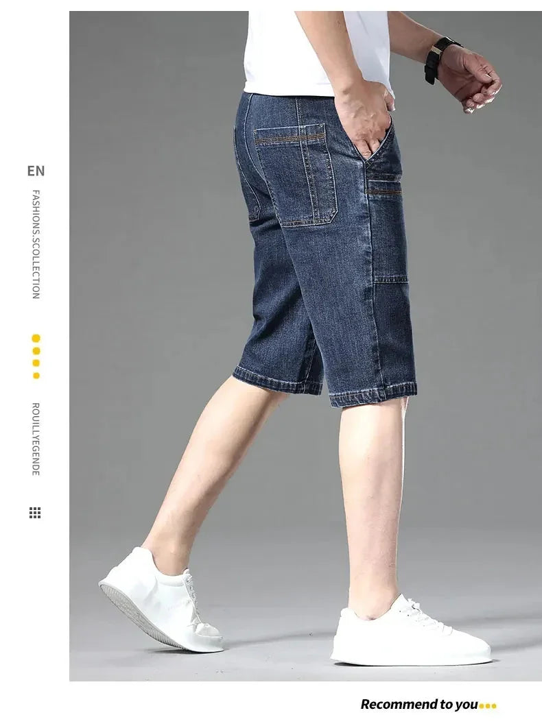 Multi-pocket Thin Denim Shorts Men Fashion Slim Straight Stretch Bermuda Jeans Casual Short Pants Male Brand Clothing