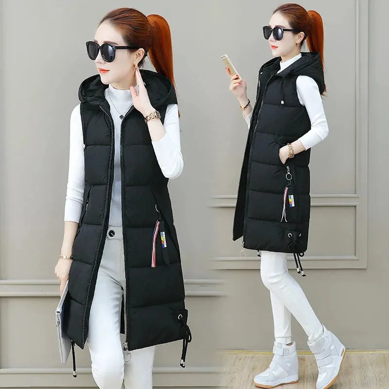 2023 Women's  Autumn Winter Vest Long Parkas Tank Top Warm Hooded Down Coat Parka Sleeveless Female Tank Top Jacket Outerwear