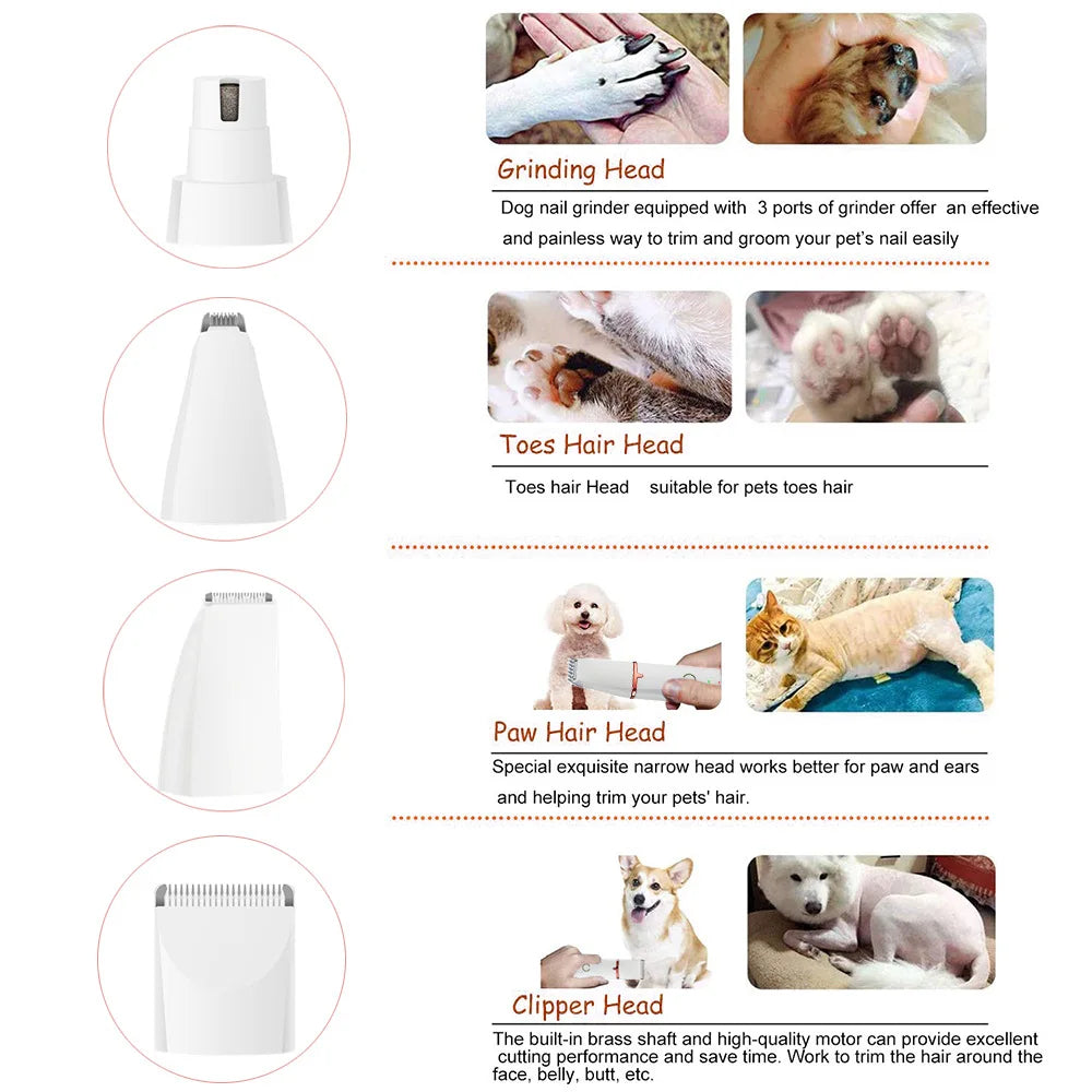 4 In 1 Pet Electric Hair Trimmer with 4 Blades Grooming Clipper Nail Grinder Professional Recharge Haircut for Dogs Low-Noise