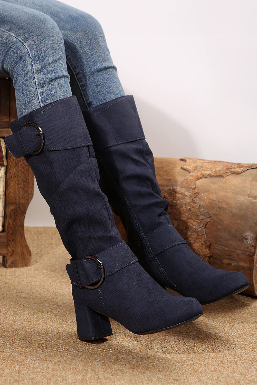 Coffee Suede Double Buckled Side Zipped Mid-calf Boots